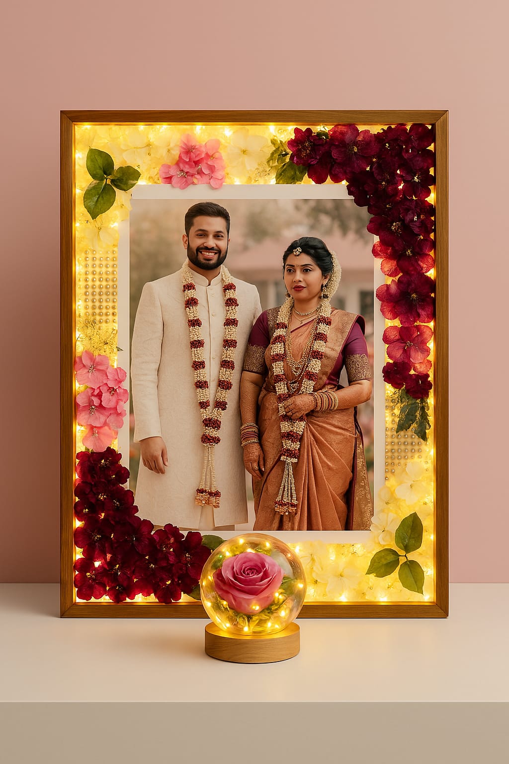Handcrafted wooden varmala frame with preserved wedding garland, floral arrangement, and personalized photo for wedding keepsake